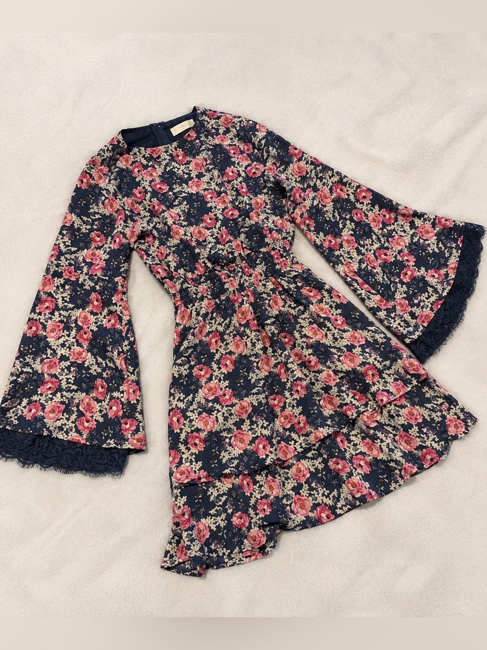 Altar’d State Floral Mini Dress XS Navy Lace Bell Sleeve Boho NWOT
